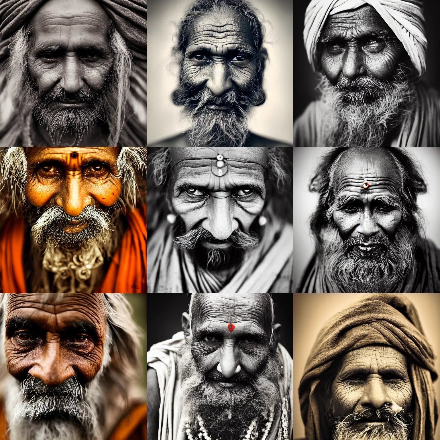 Image similar to a close up face photography of an old Indian sadhu with a beard by maarten schröder and tom bagshaw, studio photography, catchlight in the eyes, melancholic, 70mm lens, dark background, ring lighting, vignette, very detailed, shallow depth of field, trending on 500px, 8K, highly coherent
