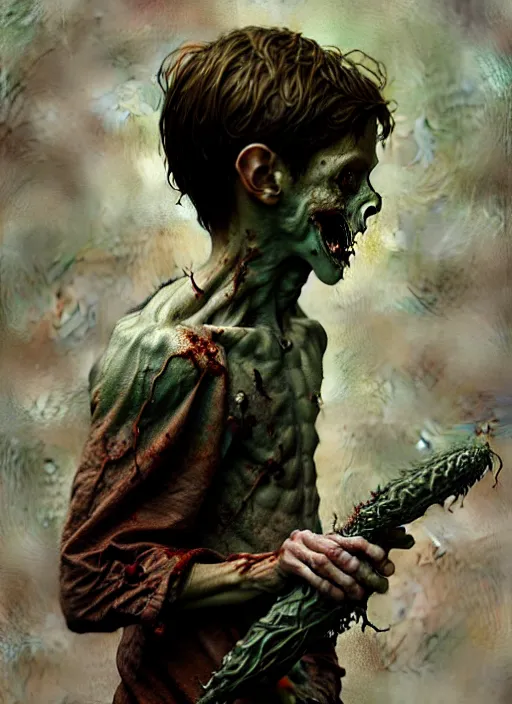 Image similar to a zombie young boy, diffuse lighting, fantasy, intricate, elegant, highly detailed, lifelike, photorealistic, digital painting, artstation, illustration, concept art, smooth, sharp focus, art by john collier and albert aublet and krenz cushart and artem demura and alphonse mucha