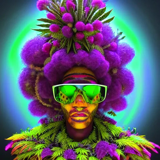 Image similar to an african marijuanna! shaman with an afro made of flowers, third eye art art by machina infinitum, complexity from simplicity, rendered in octane, mandelbulb 3 d, rim lighting, ambient occlusion, macro photography, felt!!! texture, tribal, neon! retrowave