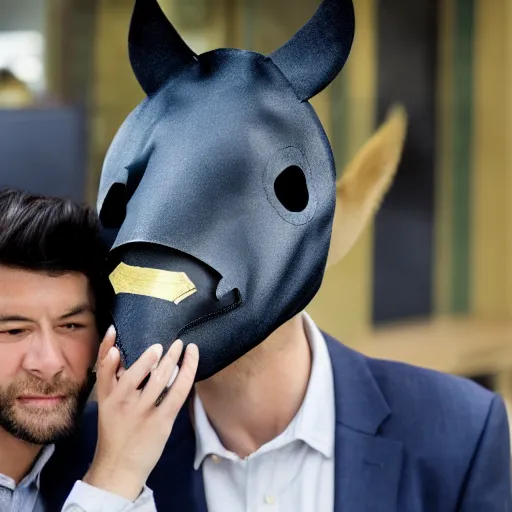 Image similar to man wearing horse head mask on shoulder of man