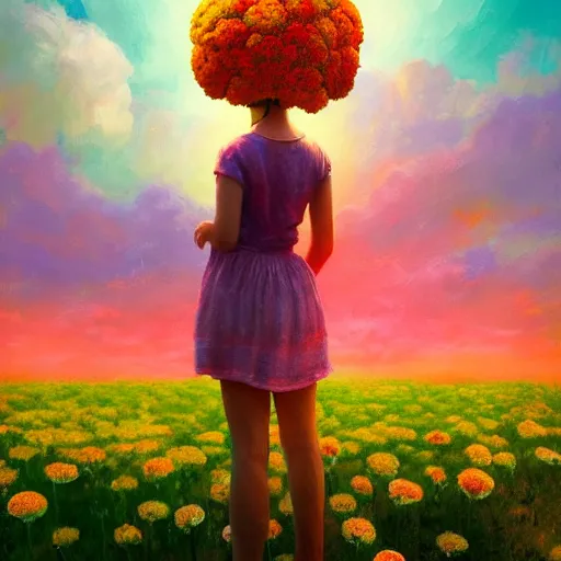 Prompt: head made of carnations flower, girl standing in a flower field, surreal photography, sunrise dramatic light, impressionist painting, colorful clouds, digital painting, artstation, simon stalenhag, flower face