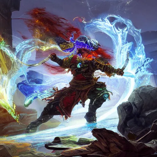 Prompt: A highly detailed oil painting concept art of a sorcerer casting an acid splash spell against a fighter wielding a greatsword, highly detailed concept art.