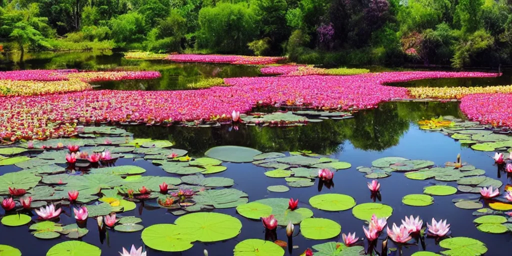 Prompt: beautiful pond covered with vibrant carpet of lilies and lotus flowers, shimmering fairytale atmosphere, god's rays