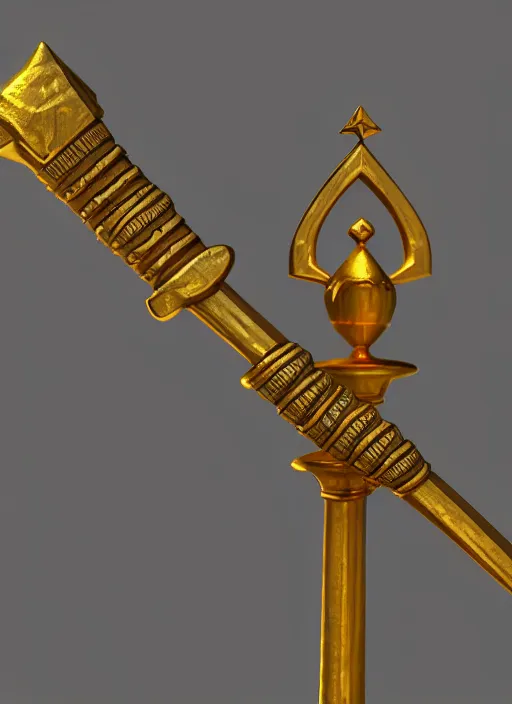 Image similar to rpg item render, a single egyptian gold staff, ancient symbols, bright, Unreal 5, DAZ, hyperrealistic, octane render, dynamic lighting