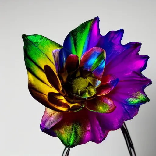 Prompt: An ultra high definition studio photograph of a ((((((((((((decomposing)))))))))))) alien flower that is wilting in a simple vase on a plinth. The flower is multicoloured iridescent. High contrast, key light, 70mm.