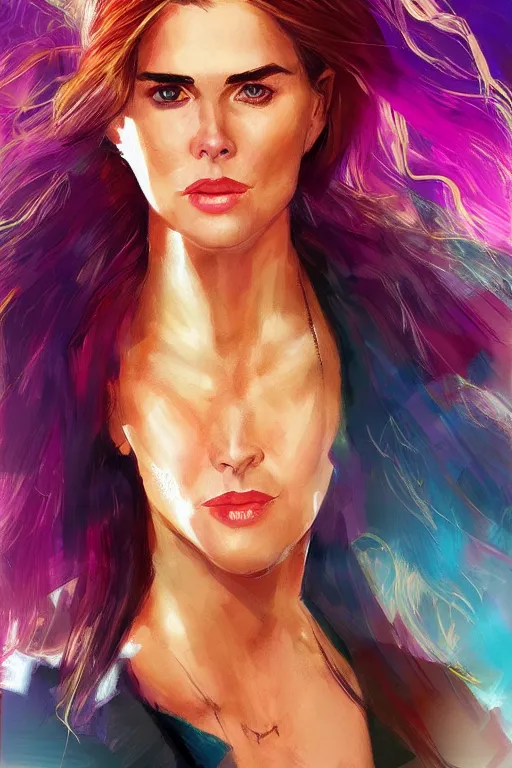 Prompt: portrait of a mix of young maria shriver, mariel hemmingway, brooke shields and elle macpherson as a marvel super hero, thin lips, hair tied up in a pony tail, colorful artstation, cgsociety