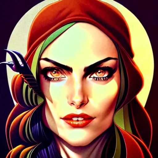 Image similar to artgerm, joshua middleton comic cover art, pretty pirate phoebe tonkin smiling, symmetrical eyes, symmetrical face, long curly black hair, on a pirate ship background, warm colors