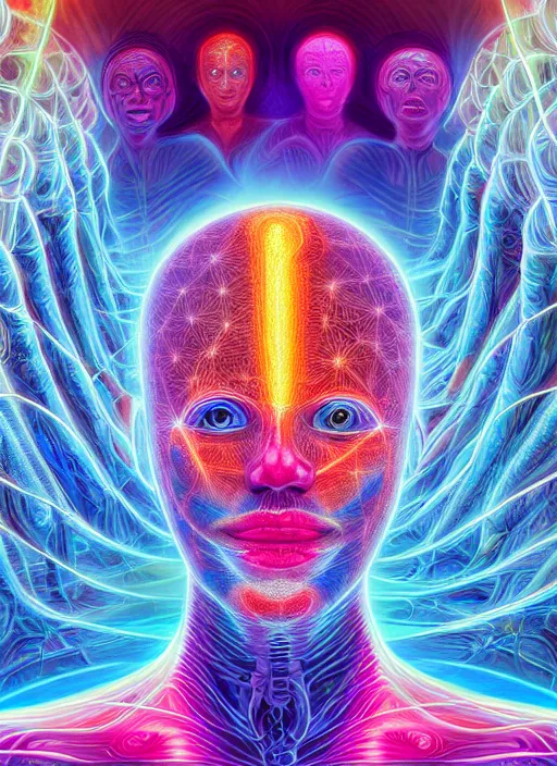 Image similar to humankind transcendence into collaborative intelligence, connectedness, body, ai, by alex grey, album cover, award winning, beautiful, colorful, volumetric lighting, trending on artstation