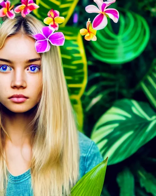 Image similar to an attractive girl is surrounded by colourful tropical flowers and plants, symmetric face and eyes, upper body face shot, long straight blonde hair, visible face