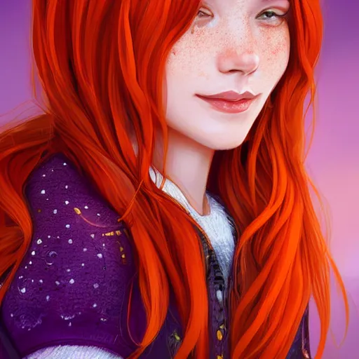 Image similar to close up portrait of a beautiful smiling girl with orange hair and freckles, happy intricate, elegant. highly detailed, digital painting, artstation, concept art, smooth, sharp, focus, illustration. background is purple, art by artgerm and Ross Tran