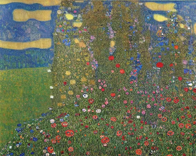 Image similar to painting of sprawling mountains, flower-covered, flowing river, landscape, Beautiful by Gustav Klimt