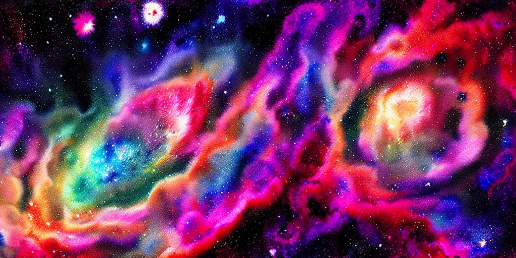 Prompt: a ultradetailed watercolor art of space nebula with wool felting clouds illustration by nico delort, colorful background, 4 k resolution, high detailed, matte painting, tarot card style, nasa photo