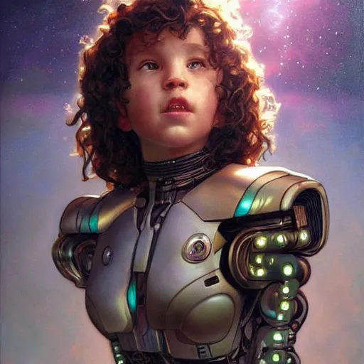 Prompt: a little girl with curly brown hair, assimilated by the borg from star trek. technological implants, cyborg modifications. sci fi art painting by artgerm and greg rutkowski and alphonse mucha.