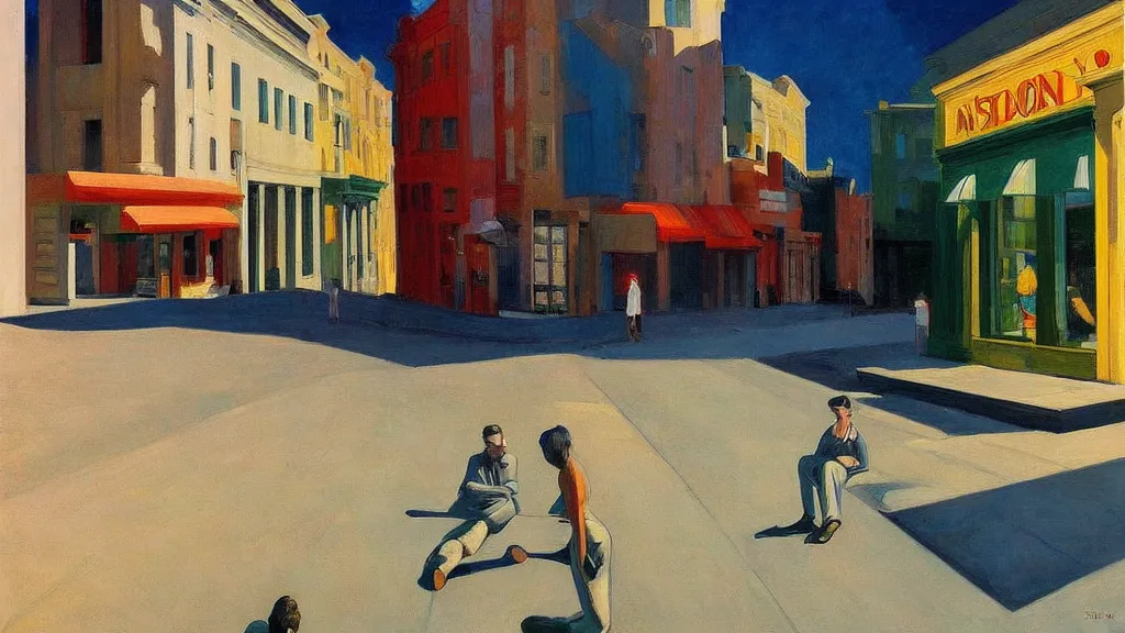 Prompt: Street art. paralyzed by the indescribable beauty of the cosmos. art style by Edward Hopper daring, incredible