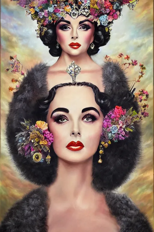 Image similar to center portrait fine art photo of the beauty princess elizabeth taylor, dramatic pose she has a crown of stunning flowers and fur stole and black dress gemstones, realistic eyes, background full of stormy clouds, by peter mohrbacher