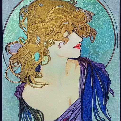 Image similar to a beautiful handmade embroidery of a woman in the style of alphonse mucha. hand embroidery.