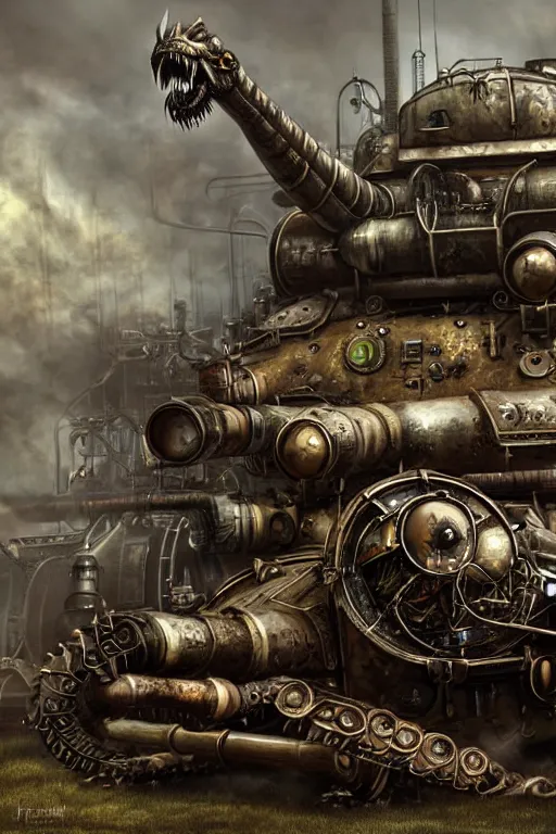 Image similar to hyper realistic dragon lying down with steam punk tanks and tubes and breathing apparatus on its back, white background, full frame, art byjon foster