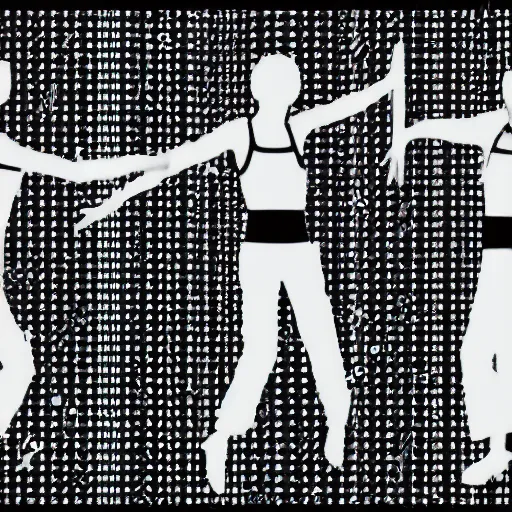 Image similar to visual instructions for a dance routine, black and white, ikea style, movement visible with dotted lines