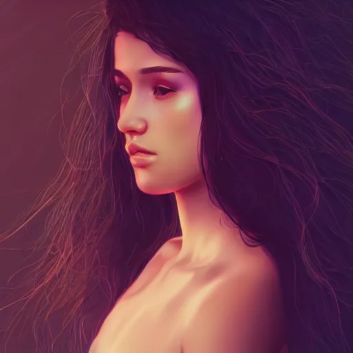 Image similar to high detail portrait of a beautiful woman with her hair down, vaporwave lighting, concept art, soft floral background, beautiful