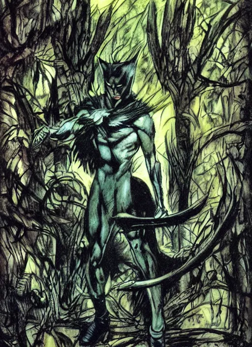 Prompt: sonic as wolverine in a forest by gerald brom by mikhail vrubel