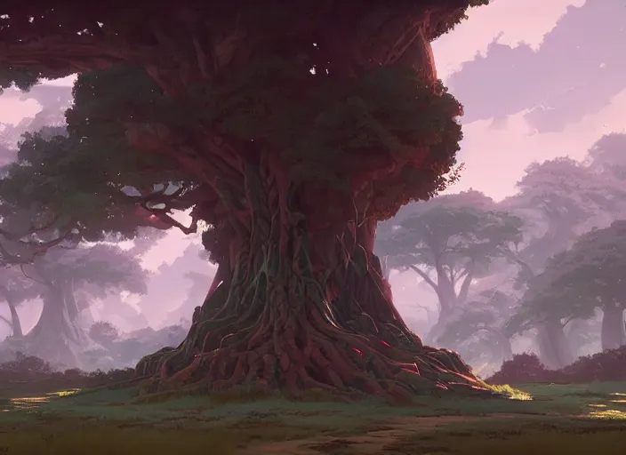 Image similar to concept art painting of a giant oak tree surrounded by forest and mountains, realistic, by makoto shinkai and moebius and anton fadeev and greg rutkowski and james gurney