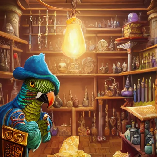 Image similar to MTG artwork of Anthro parrot trader in his shop, shelves full, selling a gem, portrait, items, magic potions, carpet, window, fancy funny hat, sly expression , cunning expression, cute expression, presenting magic gem, D&D, fantasy, cinematic lighting, highly detailed, digital painting, artstation, concept art, smooth, sharp focus, illustration, warm light, cozy warm tint, magic the gathering artwork, volumetric lighting, 8k, no gold, no gold colours, art by Akihiko Yoshida and Greg Rutkowski