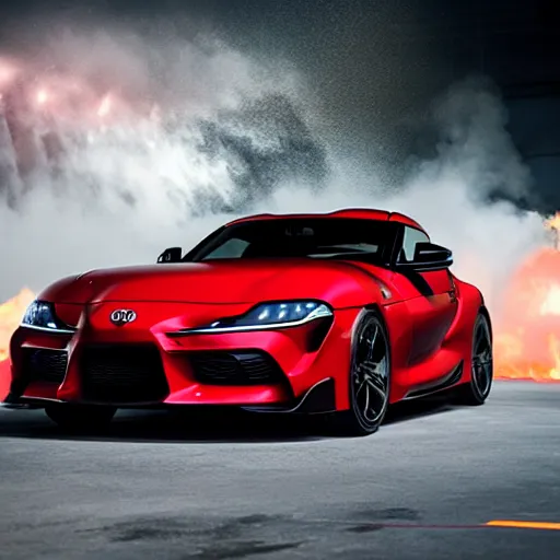 Image similar to Toyota Supra driving trough fire, 8k UHD, studio photography, high quality, high detail, stunning lighting