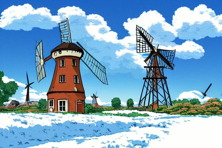 Image similar to beautiful countryside background with a windmill by studio ghibli, cute, winter