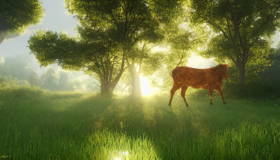 Image similar to golden cow in a green field, sunny day, reflections, wood, volumetric light, hyperdetailed, artstation, cgsociety, 8 k