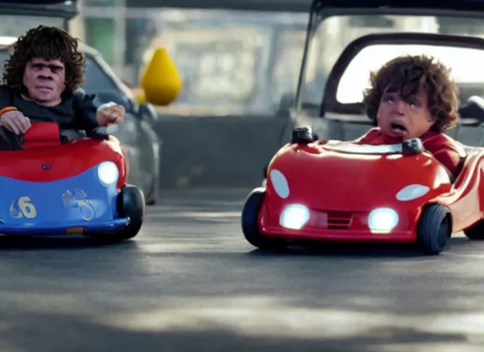 Image similar to peter dinklage racing gary coleman driving a little tikes cars, movie still, from the new fast and furious movie, 8 k, realistic