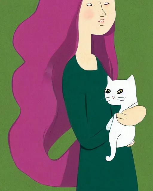 Image similar to a portrait of a young woman with very long pink hair undulating on the wind, light brown eyes, slightly chubby, pale skin, pretty, cute, holding a white cat. adventure time style