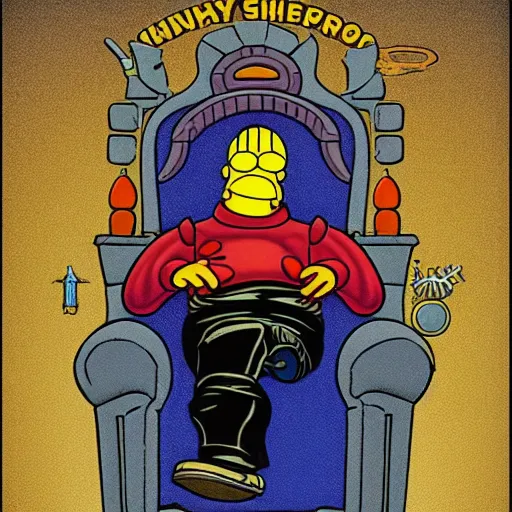 Image similar to mighty homer simpson the baron of house harkonnen floating above his throne detailed