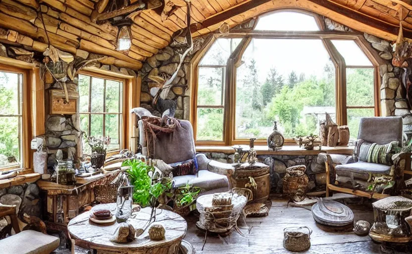 Prompt: cottage living room interior with a witch cauldron and bottles of potions and ingredients in jars, sunny, natural materials, rustic wood, window sill with plants, vines on the walls, dried herbs under the ceiling bookshelves, design. A dragon looking through the window