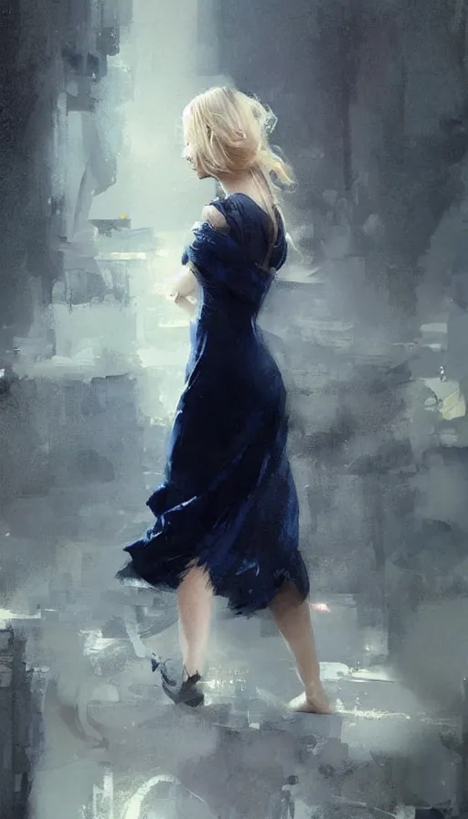 Image similar to beautiful blonde wearing a navy blue dress, ornate, by Greg Rutkowski and Jeremy Mann