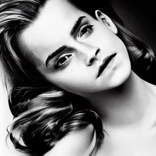 Image similar to Emma Watson closeup face shoulders very long hair Vogue fashion shoot fashion poses detailed professional studio lighting dramatic shadows professional photograph by Cecil Beaton, Lee Miller, Irving Penn, David Bailey, Corinne Day, Patrick Demarchelier, Nick Knight, Herb Ritts, Mario Testino, Tim Walker, Bruce Weber, Edward Steichen, Peter Lindbergh, Albert Watson