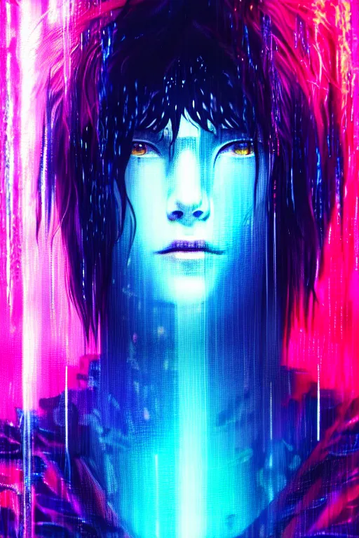 Prompt: portrait of a ghost in the shell in the glowing neon rain with wet hair and face, fantasy, intricate, elegant, dramatic lighting, highly detailed, lifelike, photorealistic, digital painting, artstation, concept art, smooth, sharp focus, illustration, art by John Collier and Albert Aublet and Krenz Cushart and Artem Demura and Alphonse Mucha