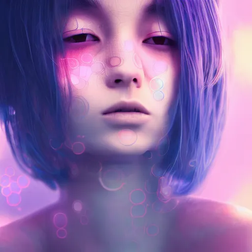 Image similar to Calm AI-girl's face with caret in very very strong glitches, strong scanlines effects, strong RGB shift effects, strong jitter effects. Dark colors, black background, concept art, masterpiece, octane render, 8k, portrait, artstation