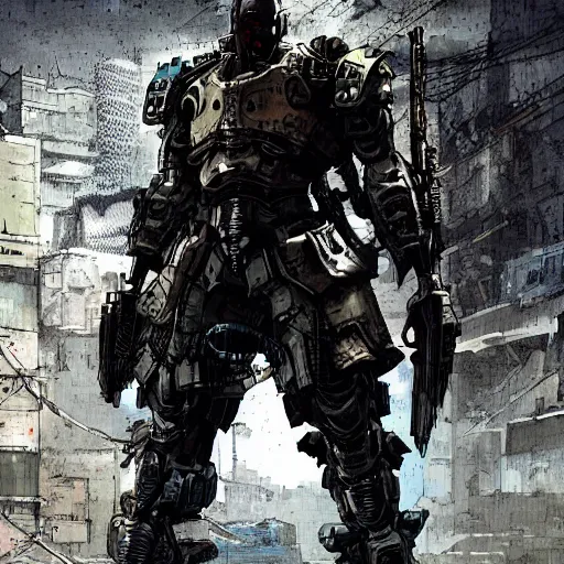 Prompt: a post-apocalyptic cyberpunk grimdark knight in the style of leonard boyarsky in the style of Yoji Shinkawa detailed realistic HD 8k High Resolution