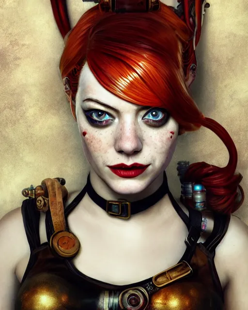 Prompt: underwater steampunk portrait of emma stone as harley quinn, au naturel, hyper detailed, digital art, trending in artstation, cinematic lighting, studio quality, smooth render, unreal engine 5 rendered, octane rendered, art style by klimt and nixeu and ian sprigger and wlop and krenz cushart.