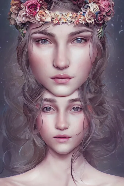 Image similar to beautiful maiden wearing a floral headband, intricate, elegant, highly detailed, digital painting, artstation, concept art, smooth, sharp focus, illustration, art by WlOP