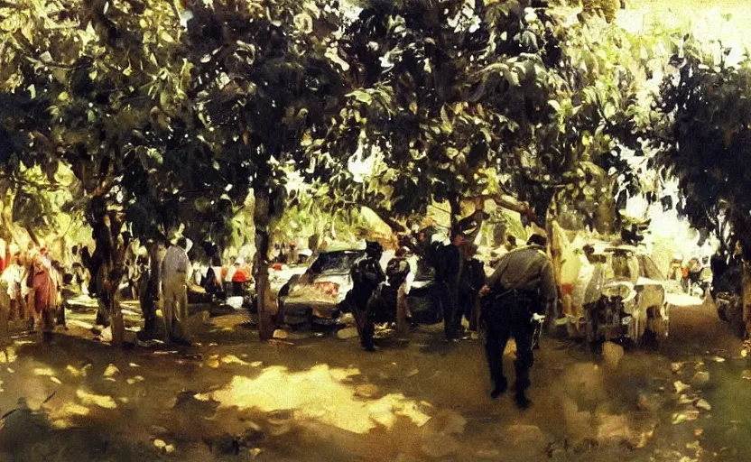 Image similar to oil painting lanscape by anders zorn, nature, fruit trees, very very very very beautiful art, dramatic light, police arrests, police violence, police in street with police cars