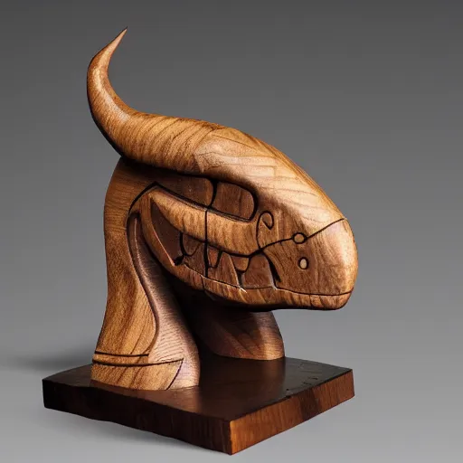 Prompt: wooden sculpture of a viking and a dinosaur, polished maple, thoughtful, elegant, real