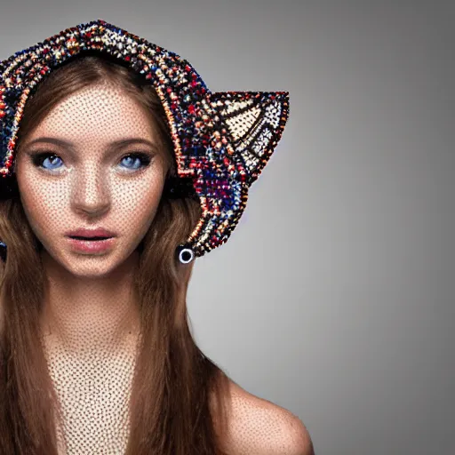 Image similar to portrait mosaic of a beautiful cute young woman with robot ears and eyes, 4k, intricate details