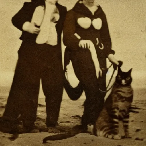 Image similar to a gay couple on the beach with a cat, vintage, 1 8 0 0 s