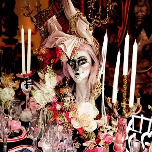 Image similar to the satanic bride looking very sophisticated and hypermaximalist at her baroque wedding reception banquets as she feasts among the many archdemons