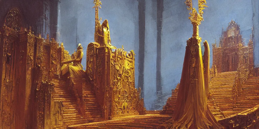 Prompt: a medieval king sitting on a golden throne led by stairs leaning on a shiny sword in a palace, light illuminating behind the throne, beksinski and syd mead cinematic painting