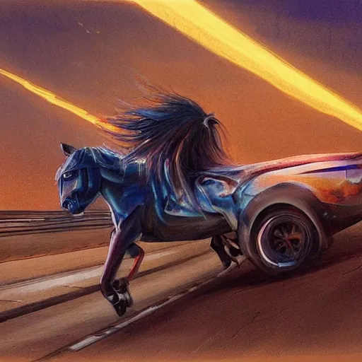 Image similar to a beautiful artwork of a mustang on a highway at night, by Jerome Opeña, featured on artstation