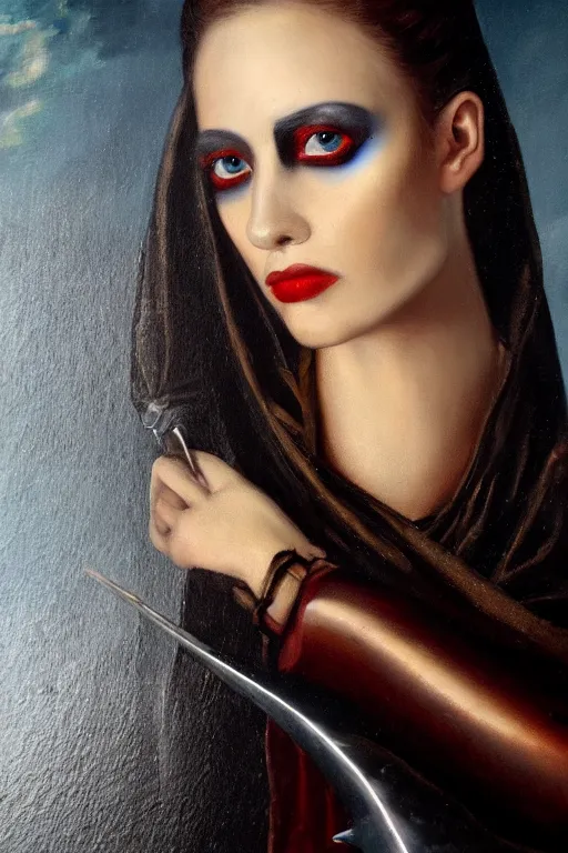 Image similar to hyperrealism oil painting, close - up portrait of european medieval brunette vampire fashion model, knight, steel gradient mixed with nebula sky, in style of baroque