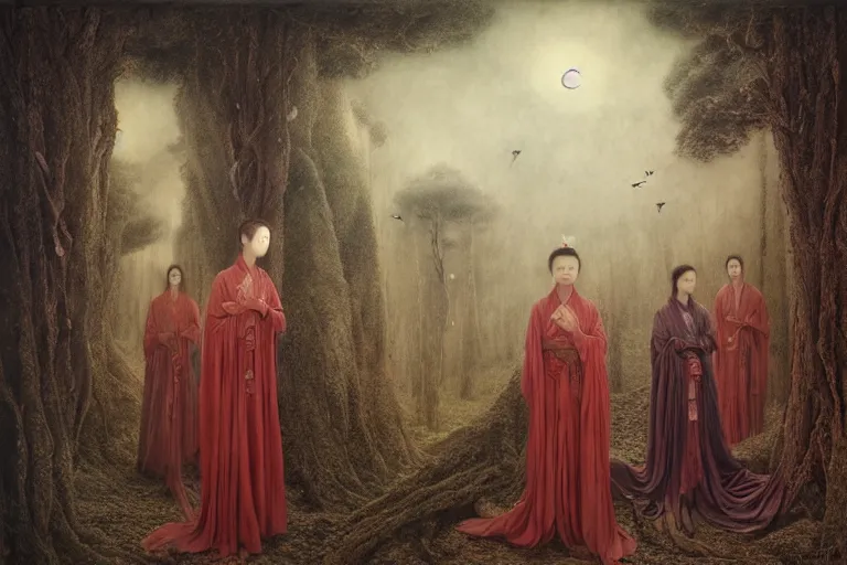 Image similar to wuxia, forest, moonlight, intricate beautiful faces, painting by agostino arrivabene, vanessa beecroft, anka zhuravleva, mary jane ansell, peter mohbacher, gerald brom