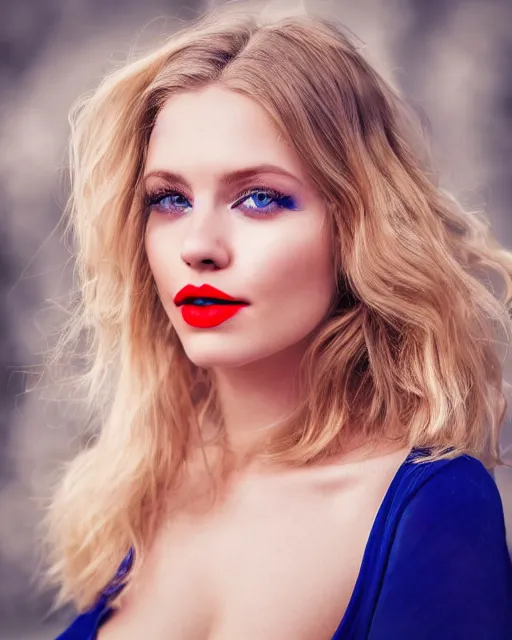 Image similar to A portrait of a beautiful blonde woman with beautiful blue eyes and beautiful red lips, piercing eyes, in heaven, highly detailed, bokeh, professional photograph, full body shot 4K, HD